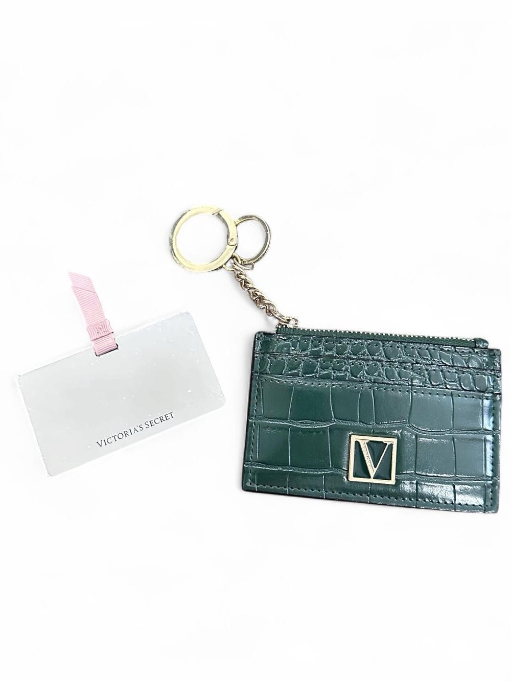 Victoria's Secret Green Croc-Embossed Card Holder Keychain with Mirror